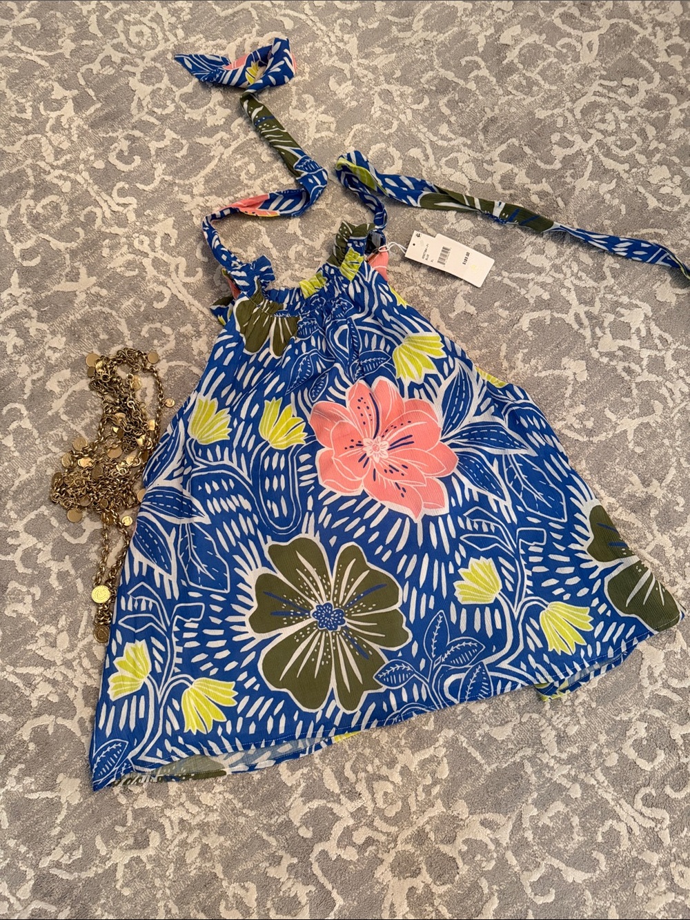 Corey Lynn Calter Blue Floral Halter Top with Pink & Lime Accents